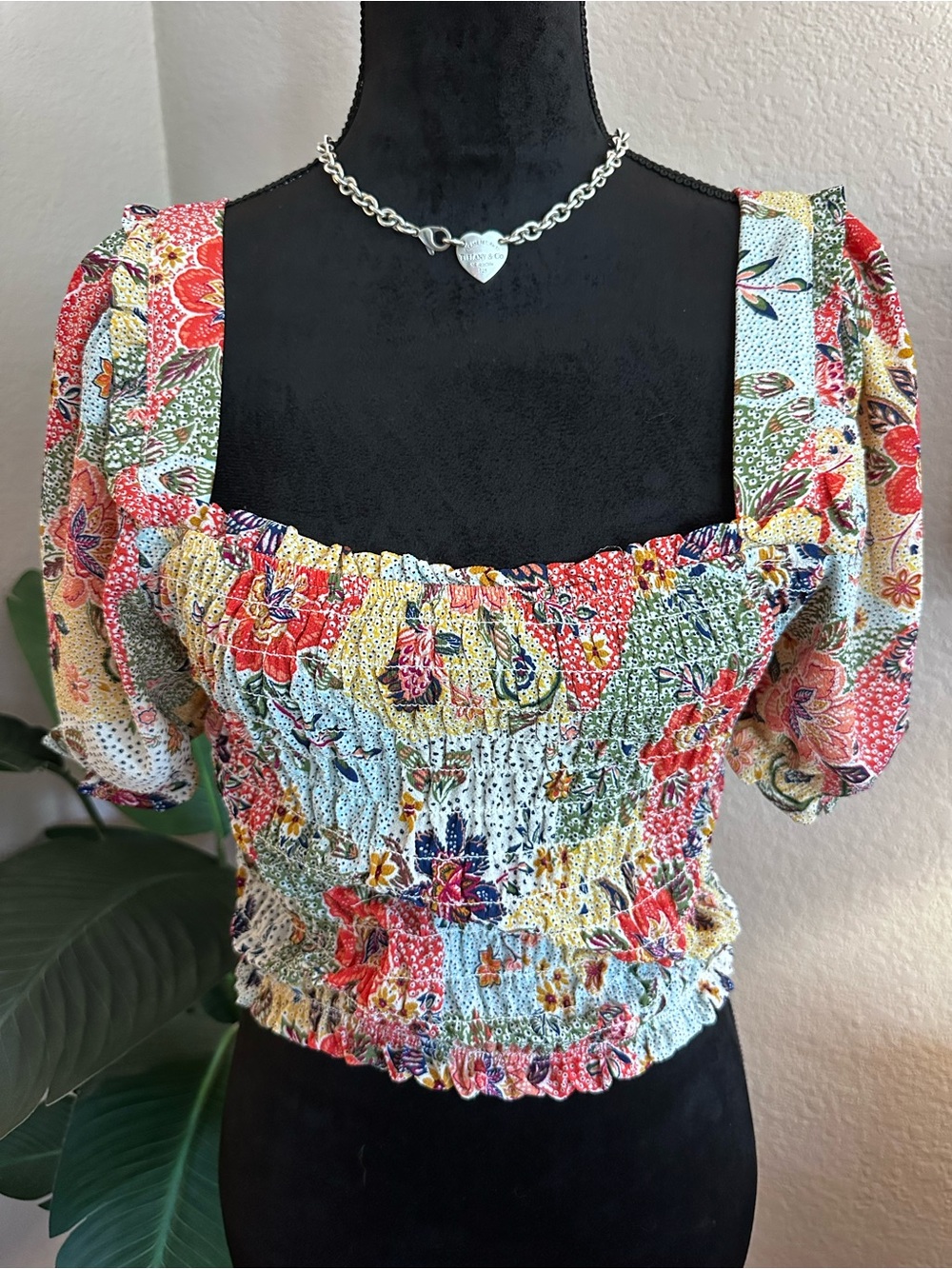 Floral Smocked Square-Neck Crop Top in Multicolor